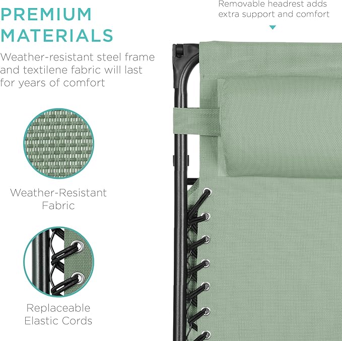 Best Choice Products Folding Zero Gravity Outdoor Recliner Patio Lounge Chair w/Adjustable Canopy Shade, Headrest, Side Accessory Tray, Textilene Mesh - Sage Green