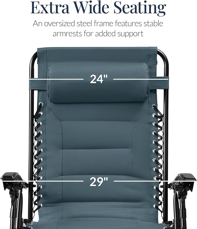 Best Choice Products Oversized Padded Zero Gravity Chair, Folding Outdoor Patio Recliner, XL Anti Gravity Lounger for Backyard w/Headrest, Cup Holder, Side Tray, Polyester Mesh - Slate Blue