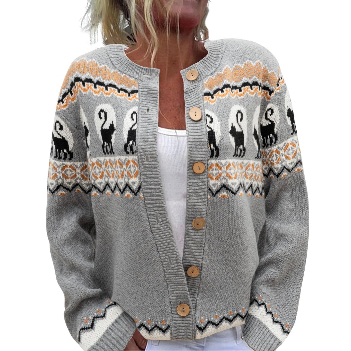 Women's Fall Halloween Black Cat Graphic Cardigans Sweater Winter Button Down Knit Long Sleeve Coats(XL,Grey-Cat)