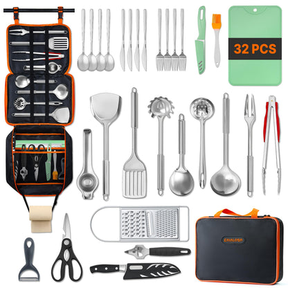 GAIALOOP Camping Cooking Utensils Set 32 PCS Camp Kitchen Cookware Kit with Organizer Bag, Portable RV Camping Essentials Camper Must Haves for Cookouts Open Fire Pit