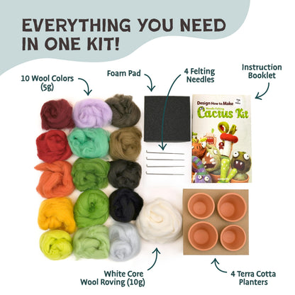 Woolbuddy Needle Felting Kit – Cactus & Succulent Felting Kit for Adults & Beginners, Beginner Needle Felting Kit with Wool Roving, Felting Needles, Foam Pad & Clay Pots | Cute DIY Craft Kit Gift