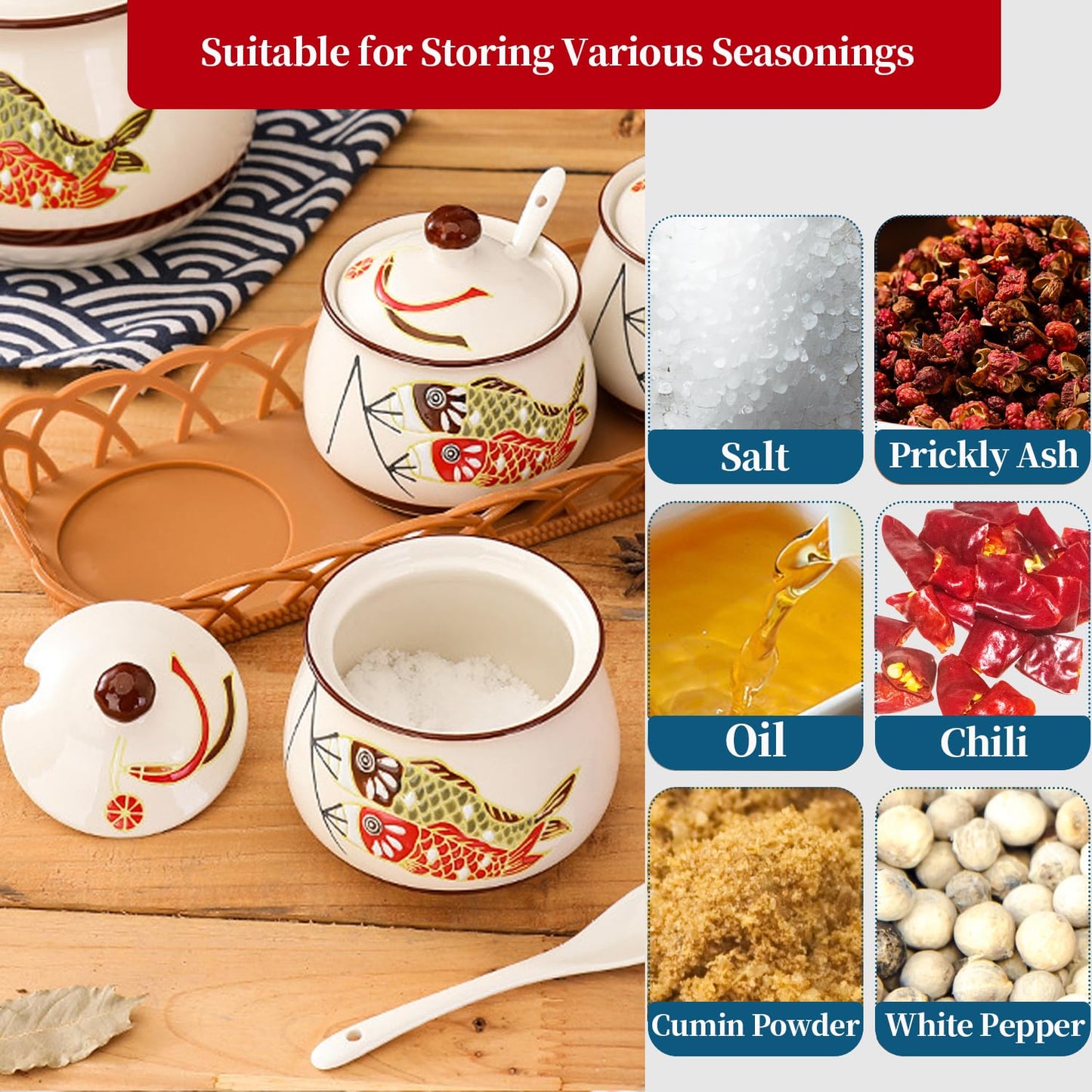 Orkim Kitchen Ceramic Condiment Jars with Lids and Spoons, 3 Piece Porcelain Seasoning Jar Set for Salt Spice Pepper Suger Bowl, Coffee Tea Container Pot with Serving Tray - Japanese Koinobori