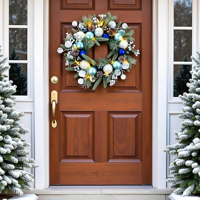 YULETIME 20-inch Christmas Wreath, Battery Operated Holiday Wreath with 20 Fairy Lights, Blue Baubles, Silvery Berries, Pine Cones, Silvery Leaves, Frosted Spruce Branches and Pine Needles (Blue)