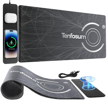 Tenfosum Wireless Charging Mouse Pad 30"x15" XXL Large Desk Mat with Wireless Charger Two Layers Thicken PU+Felt Waterproof Mousepad for Laptop, 2 in 1 Charging Station for iPhone