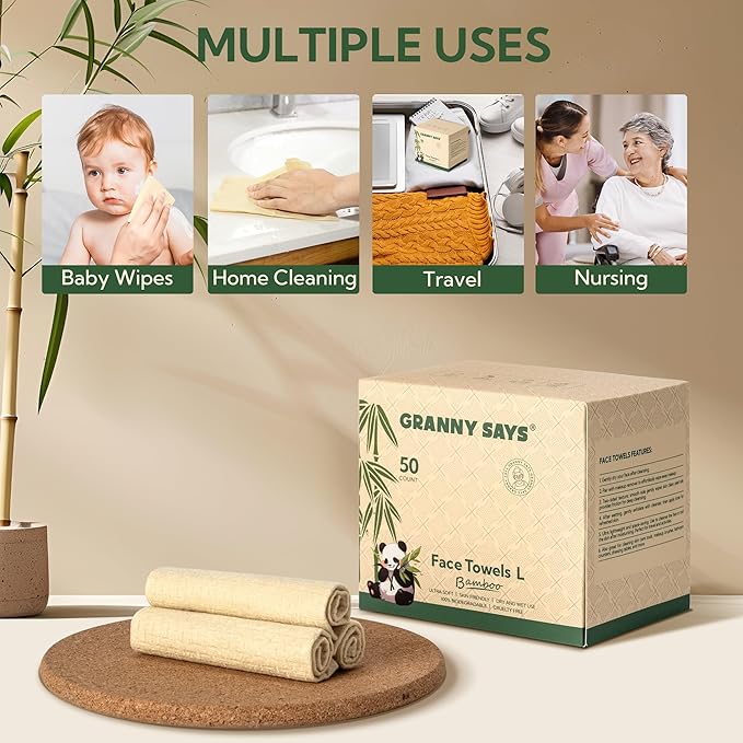 GRANNY SAYS Disposable Face Towels, Bamboo Viscose Face Towelettes Disposable