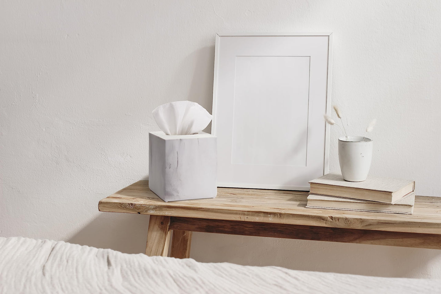 Essentra Home White Marble Square Tissue Box Cover - Blanc Collection