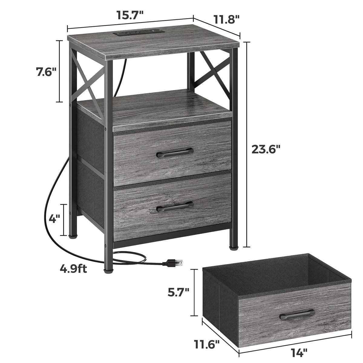 Huuger Nightstands Set of 2, Night Stand with Charger Station, 2 Drawer Side Table with Open Shelf, USB-C Port, End Table for Small Spaces, X Shaped Side Rail, Grey