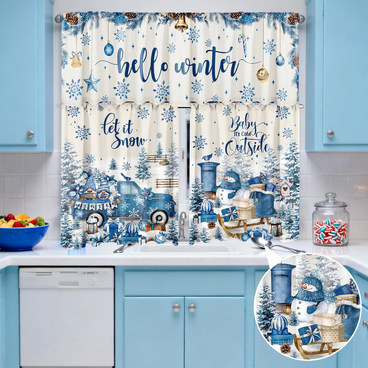 Breling 3 Pcs Winter Snowflake Kitchen Curtains Valances and Tiers Set for Windows Winter Snowman Gnome Gifts Pine Tree Decor Short Curtain Set for Bedroom Window Treatment Decor Party Supplies