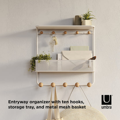Umbra Estique Entryway Organizer Storage Solution with Cubby Bin, Shelf and Hooks for Keys, Mail, Glasses, Wallet, Purse, Hat, and More, White