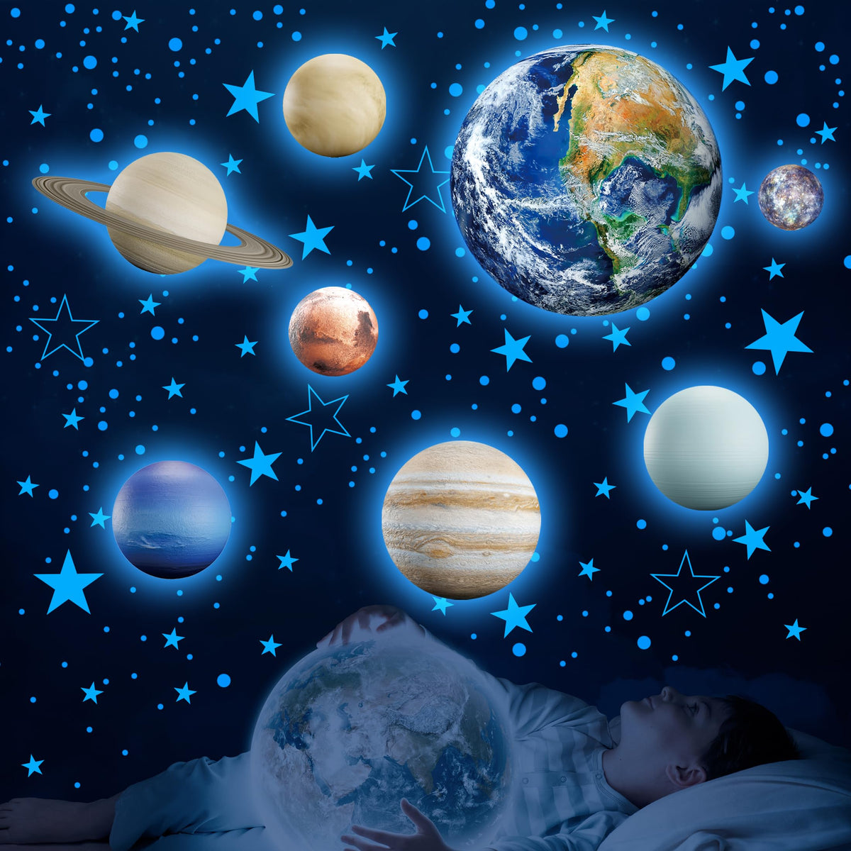 Glow in The Dark Stars Solar System Wall Decals, The Earth Wall Stickers for Bedroom, Baby Nursery Planets Sticker Decoration for Ceiling (Blue)