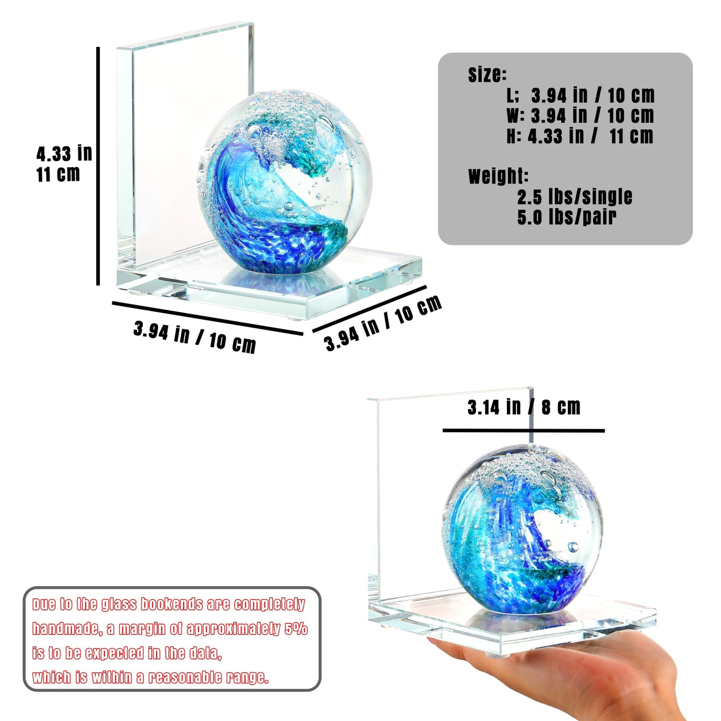 Book Ends for Shelves, Glass Bookends with Deep Ocean Blue Crystal Hand Blown Sea Wave Ball, Non Skid Sturdy Glass Decorative Bookends for Ocean Lovers, Heavy Books, Office, Set of 2