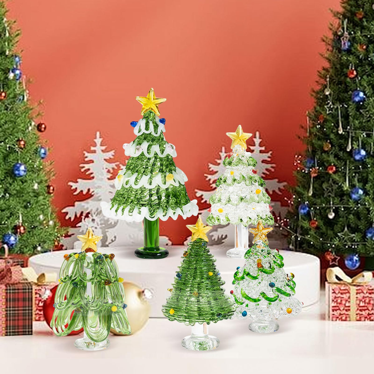 SYWAN Mini Crystal Christmas Tree Figurine Collection, Hand Blown Glass Tree Dollhouse Fairy Garden Miniature Small Winter Figurine for Xmas Party Tabletop Mantel Home Decorative Hanging Ornament