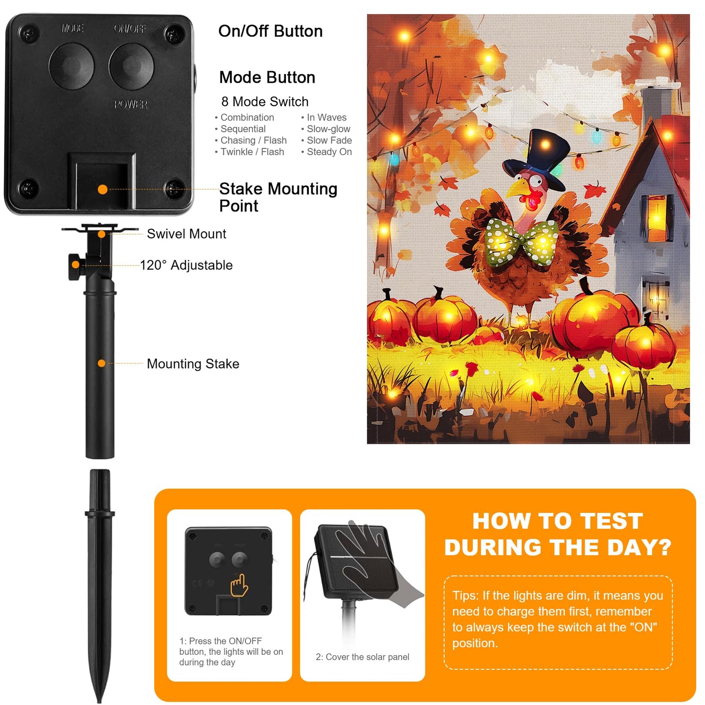 Thanksgiving Lighted Fall Garden Flag, Solar Outdoor Decorative Led Flags Yard Decor, 8 Lighting Modes Led Flag,12x18 Double Sided Turkey Pumpkin Halloween Decorations for Home Porch Outside