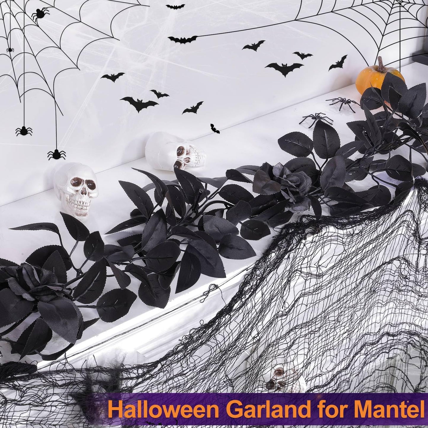 Timer - 6 Feet Halloween Garland with Lights, Artificial Black Garland with Black Roses 20 LED Purple Orange Lights for Halloween Decorations Indoor Outdoor Table Fireplace Home Decor