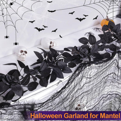 Timer - 6 Feet Halloween Garland with Lights, Artificial Black Garland with Black Roses 20 LED Purple Orange Lights for Halloween Decorations Indoor Outdoor Table Fireplace Home Decor