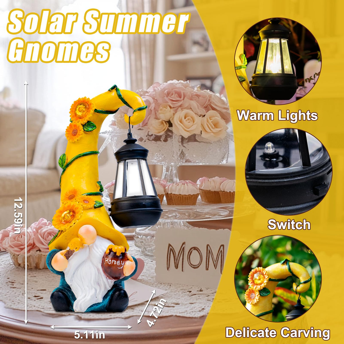 twinbling Garden Gnome Statue with Solar Lights Large Garden Sculptures Funny Bee Gnome Outdoor Patio Lawn Yard Garden Decor Birthday Gifts for Women Mom 12 in Summer Gnomes Outdoor