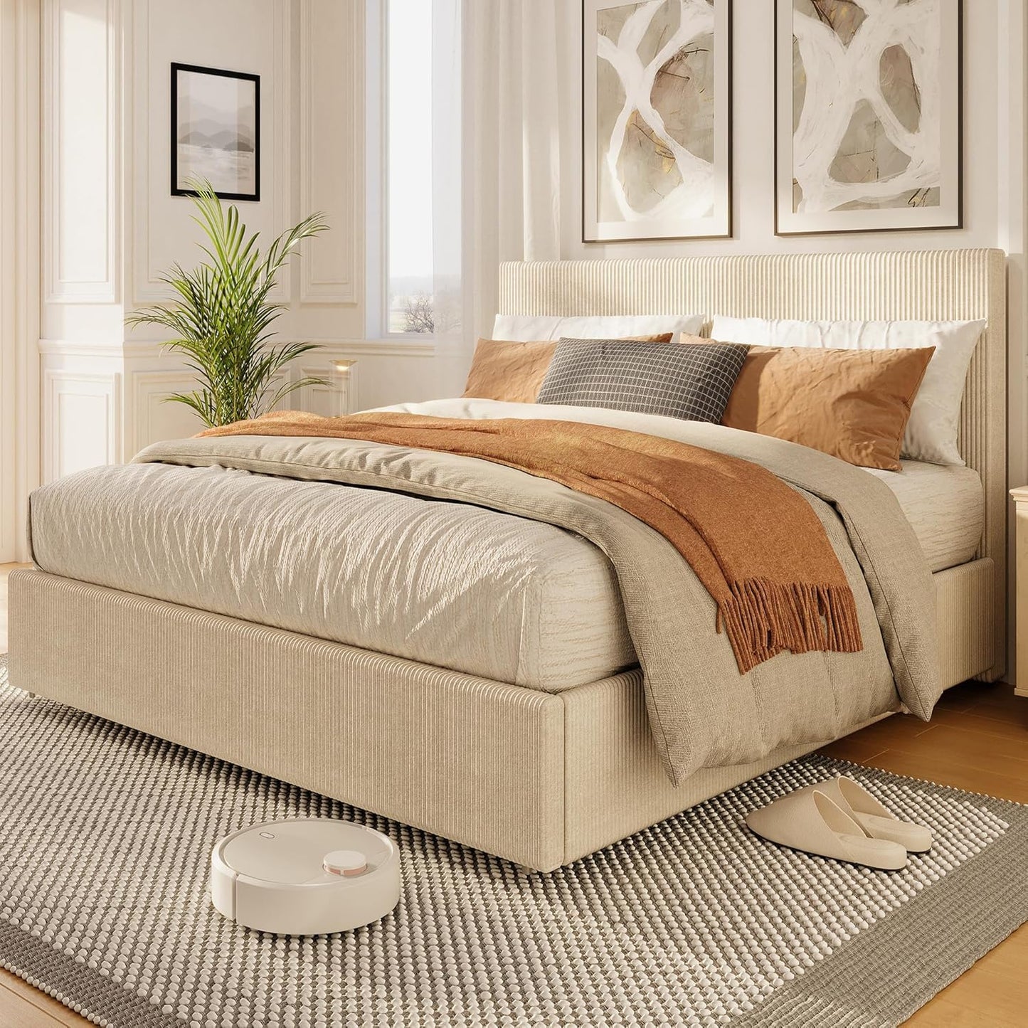 GarveeHome Bed Frame, King Size Platform Bed with 4 Storage Drawers, Upholstered Corduroy Channel Tufted Headboard Bed Frame with Strong Wooden Slat Support, No Box Spring Needed, Beige