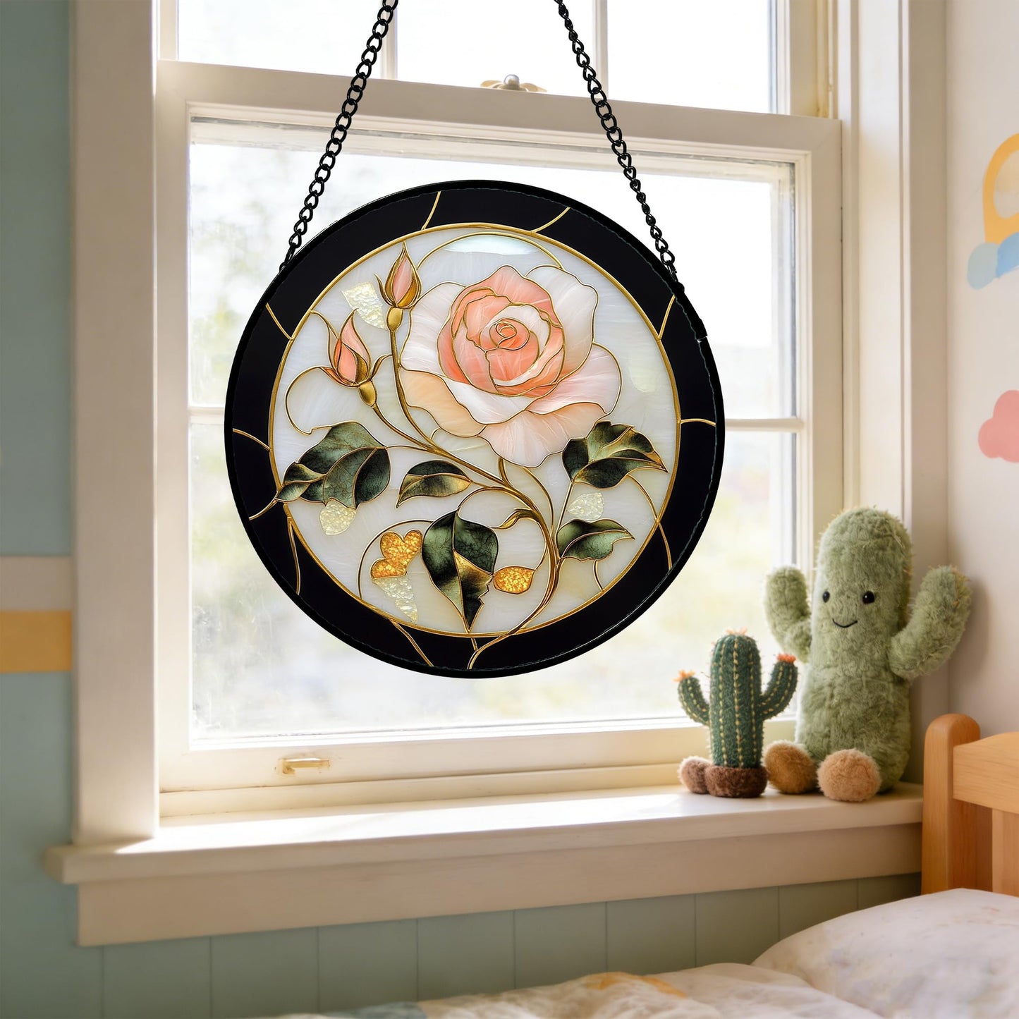 AMDERVEN Stained Glass Window Hanging - Black White Pink Rose Sun Catcher for Door Home Decor Flower Suncatcher Christmas Mother's Day Birthday Gifts for Women Men Lovers Mom Nana 9.8 in
