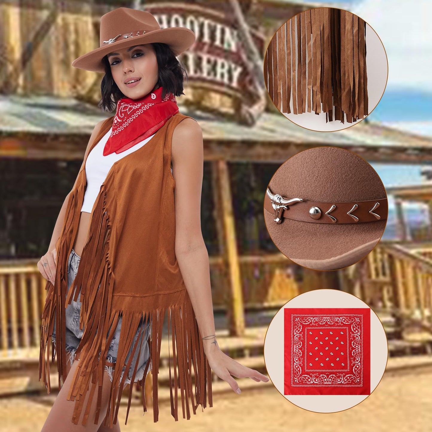PARTTELY Western Cowgirl Outfits for Women, 70s Hippie Costume Cowgirl Tassels Fringe Vest, Cowboy Hat for Women, Bandana
