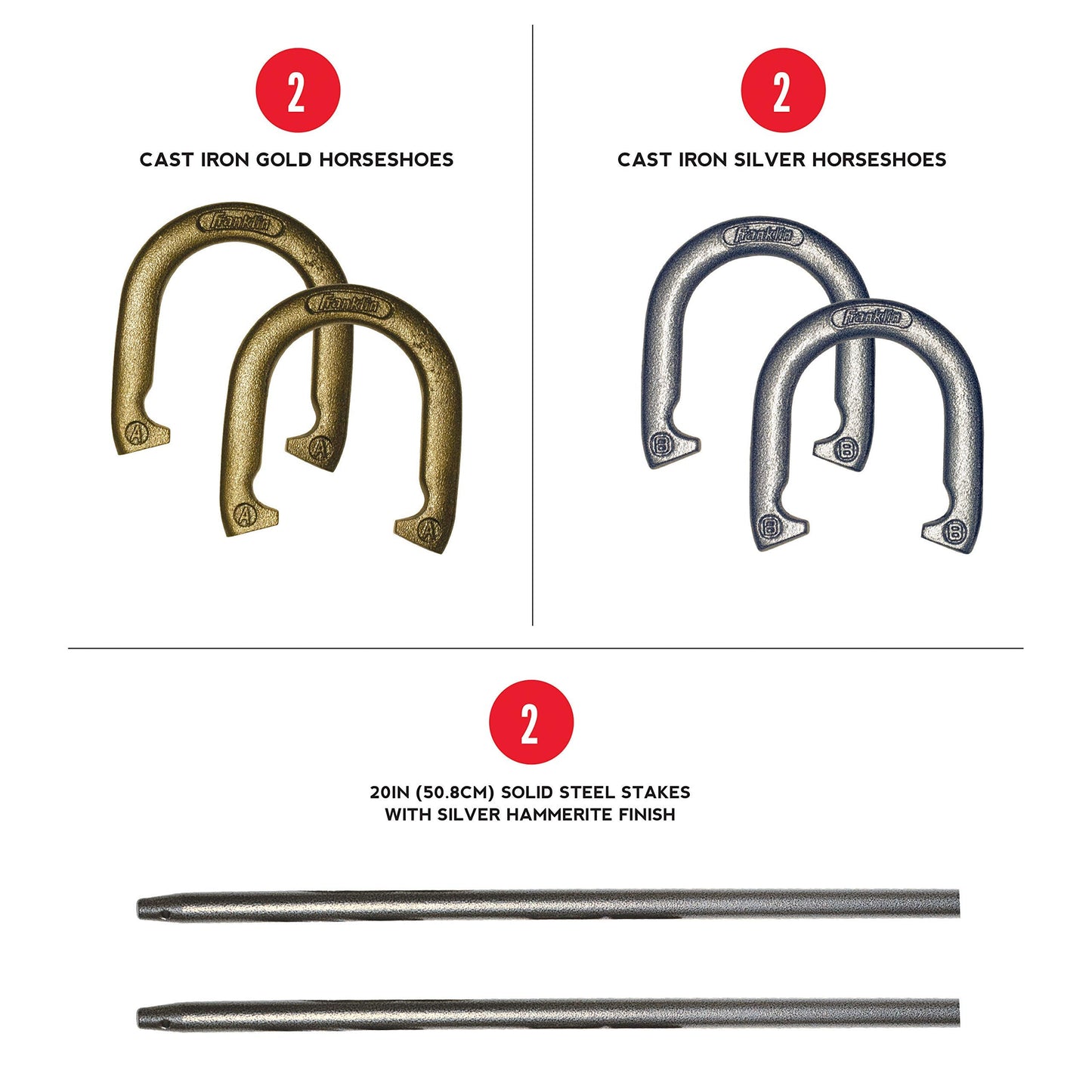 Franklin Sports Horseshoe Set - Cast iron Horseshoes and Steel Stakes - Official Size and Weight - Perfect for Yard and Beach - Recreational