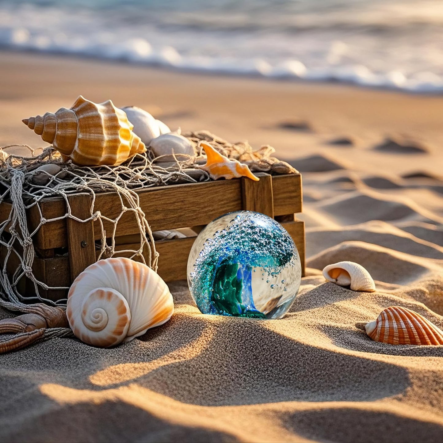 JUYOULE Hand Blown Glass Figurines Ball: Ocean Wave Design Glass Paper Weights, Beach Decorations for Home - Unique Ocean Themed Bathroom Decor and Gift for Ocean Lovers