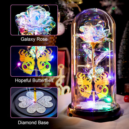Mothers Day Rose Gifts for Mom Birthday Gift for Women, Rechargeable Galaxy Glass Rose in Glass Dome Colorful Crystal Flower Butterfly Mother's Day Flowers Gifts for Women Mom Wife Grandma Daughter