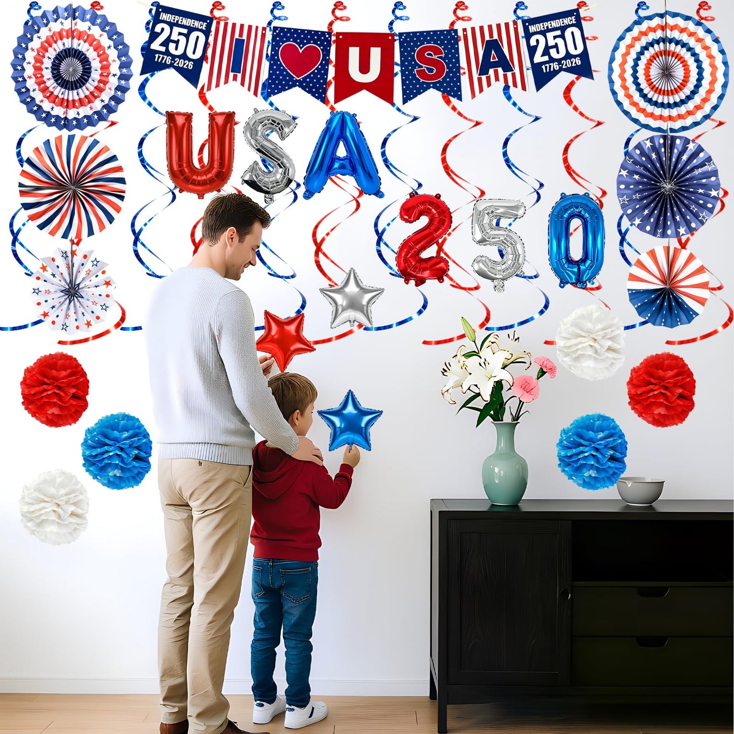 Onfunlee 4th of July Decorations Set, 34PCS Patriotic Memorial Day Decoration US 250th Anniversary Decor, Red White Blue Party Supplies with Paper Fans, Banner, Swirls, Pom Poms for Independence Day