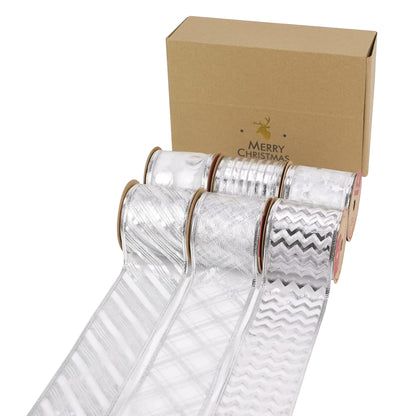 MEEDEE Silver Wired Ribbon for Christmas Tree Decoration - 2.5 Inch, 6 Rolls, 36 Yards - Garland Set for Topper and Bow Making