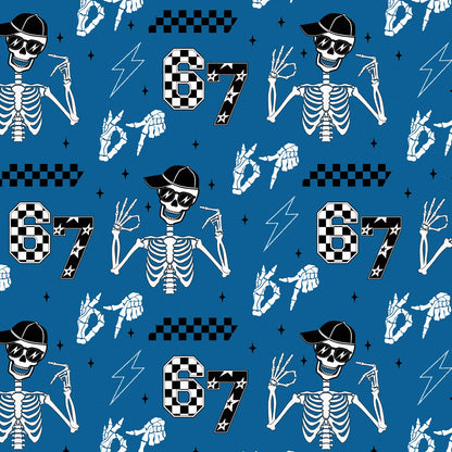 RUSPEPA 67 Skeleton Wrapping Paper Roll, Mini Roll, Blue Cool Street Style 67 Meme Design with Skeleton, Checkered & Lightning, Funny Gift Wrap for Kids, Boys, Teens, Birthday, 17 Inches x 16.4 Feet