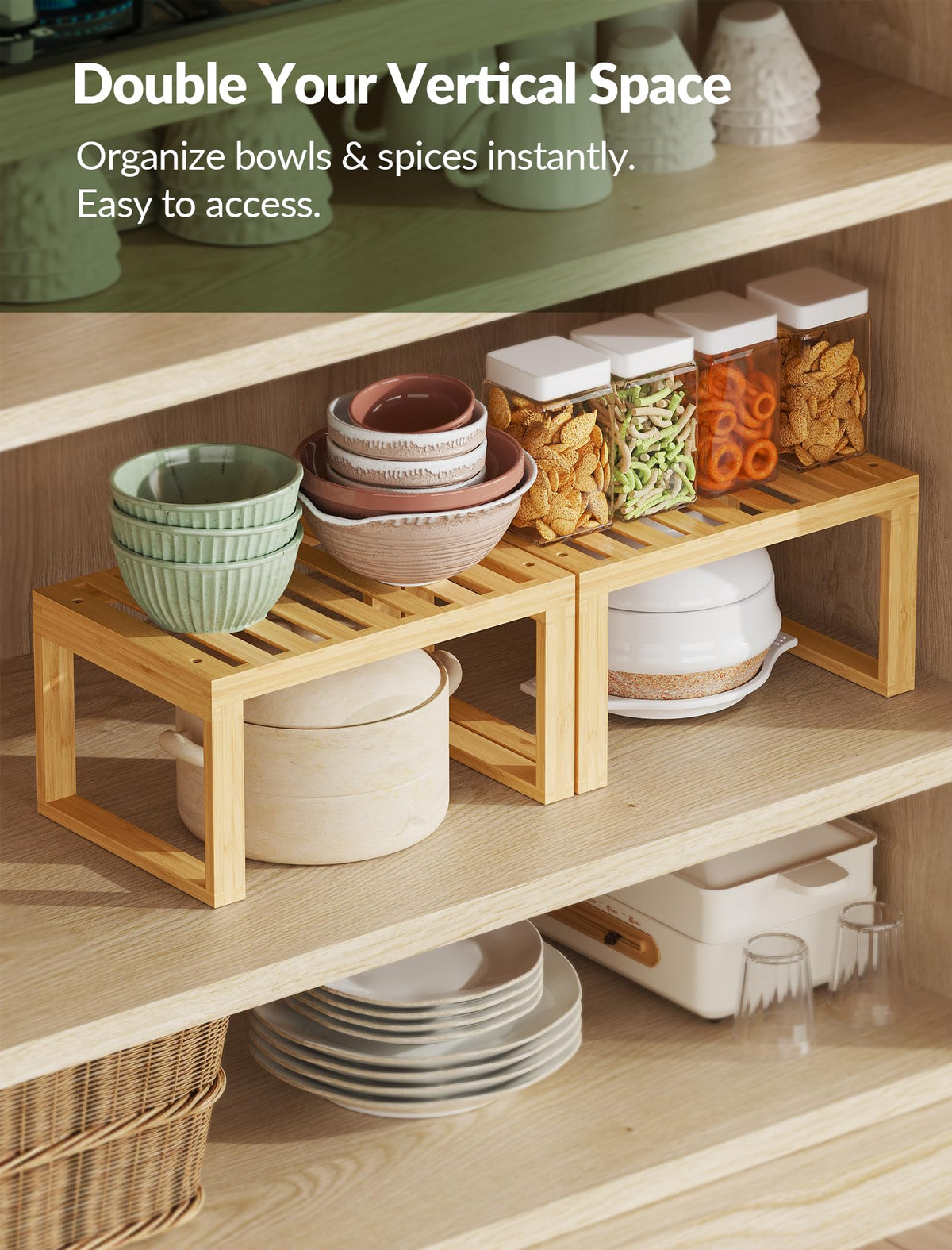 Tomorotec Bamboo Cabinet Shelf, 2 Pcs Kitchen Counter Shelf, Space-Saving Cabinet Organizer for Kitchen, Bathroom and Desk, Multifunctional Storage Rack for Spices, Cans, Toiletries and Stationery