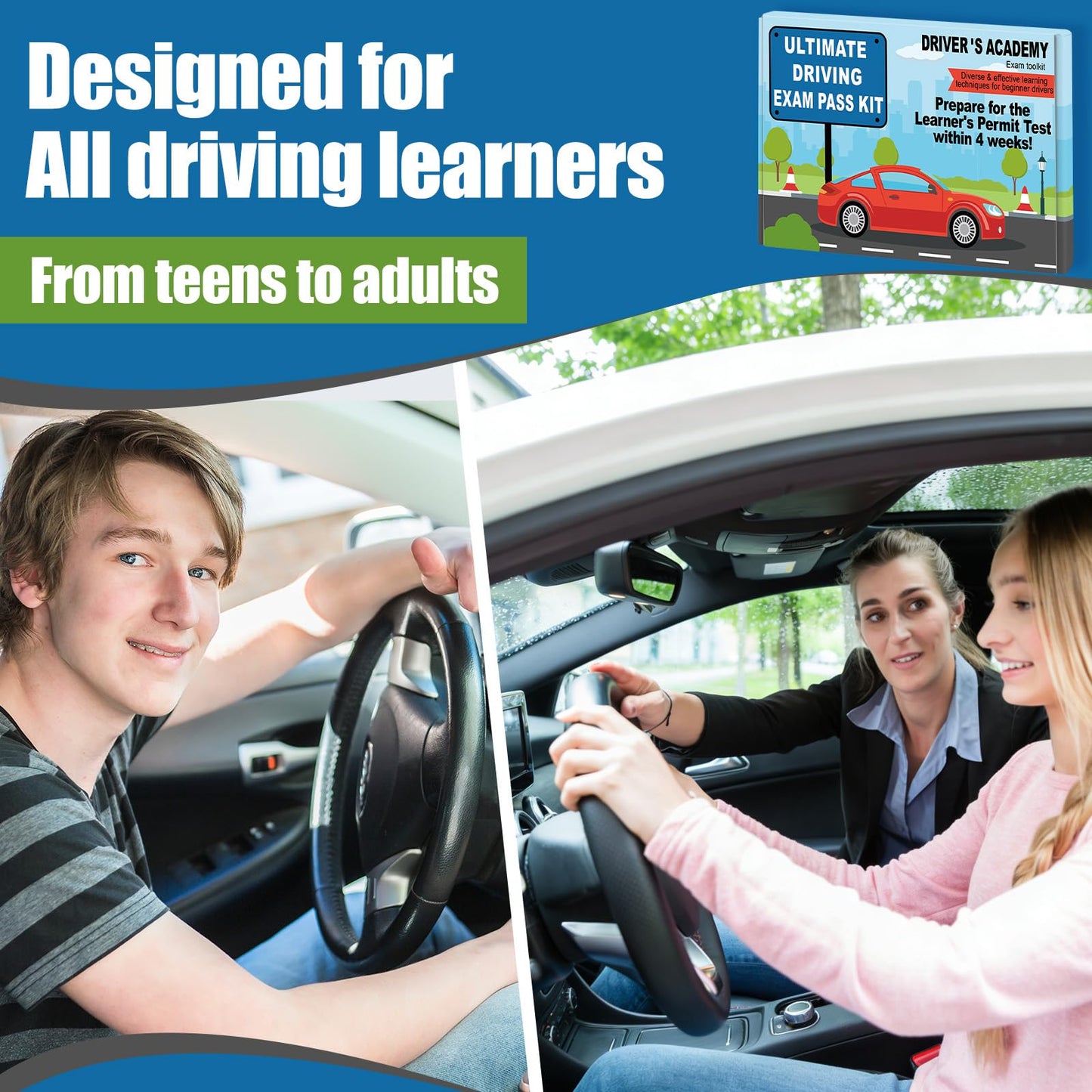 Driver's Academy Exam Toolkit Driving Exam Pass Kit Includes Driver's Manual, Test Book and 60 Double-Sided Road Signs Flashcards for Drivers License Test Prep Teens Boys Girls New Drivers Gift