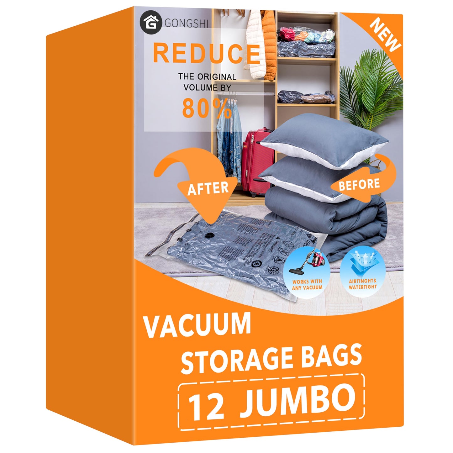 GONGSHI Vacuum Storage Bags, Space Saver Seal Bags For Clothing, Travel Luggage,Blankets, Comforters, Pillows, Clothes Storage.12 Jumbo