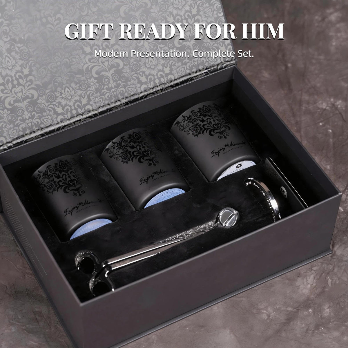 Luxury Black Crystal Candle Gift Set for Men – 3 Pack 7oz Soy & Beeswax Candles with Real Natural Crystals, Zinc Alloy Lids & Wick Trimmer, 120H Burn Time, Masculine Woodsy Home Fragrance