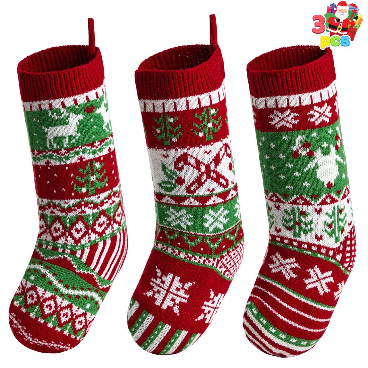 JOYIN 3 Pack 18” Christmas Stockings, Large Size Rustic Cable Knit Xmas Stocking in Red & Green, for Family Holiday Season Decorations