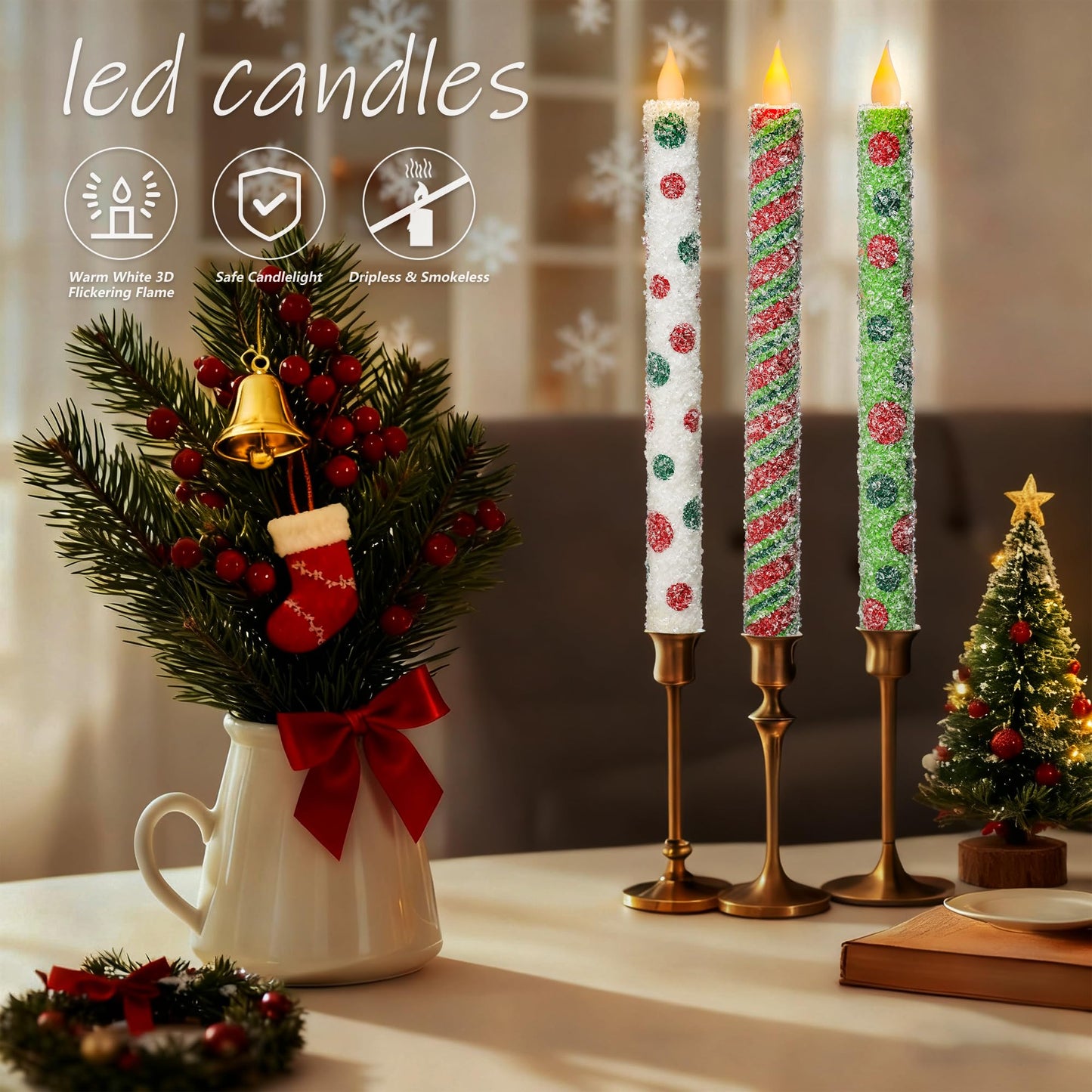 Christmas Elf Flameless Taper Candles - 6PCS Glitter Christmas Green Elf Theme Flickering LED Battery Operated Sea Salt Candles with Remote, Real Wax Party Decoration Candlesticks, Xmas Table Decor