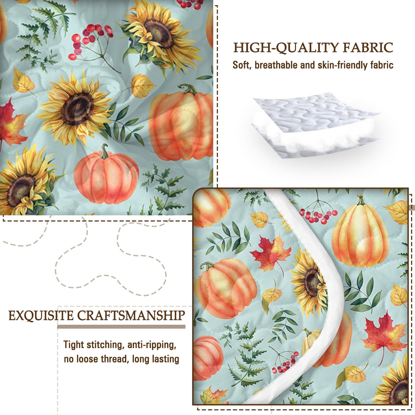 BlessLiving Fall Bedding King Size: Soft Microfiber Lightweight Blue Orange Pumpkin Quilt Set 3 Piece Autumn Bedspread Coverlet for Thanksgiving Bedroom Living Room Decoration