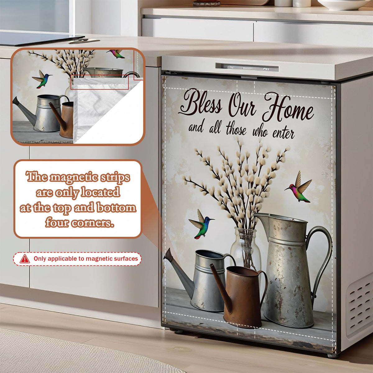 Bless Our Home Dishwasher Cover Panel Magnetic,Farmhouse Rustic Floral Dishwasher Magnet Decorative Cover for Refrigerator Kitchen Home Decor Reusable Waterproof 23x26 Inch