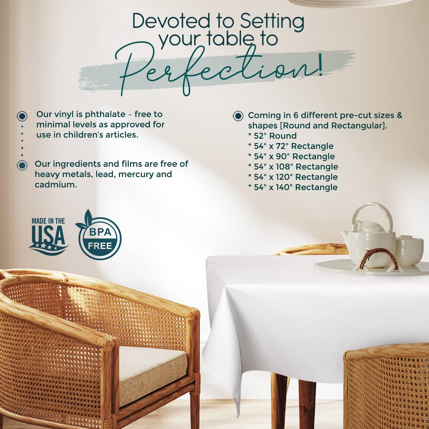 tablecloths by design - Quality Table Pad Protector, Superior Protection from Spills, Scratches & Heat - Reusable Vinyl Table Cloth with Cushion Flannel Backing (72" L x 54" W)