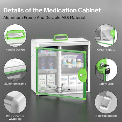 Glosen Lockable Medicine Cabinet with 5 Removable Trays, Wall Mounted & Portable Locking Medicine Cabinet Organizer with Key Lock for Home, Bathroom, Office - Aluminum Alloy Frame(13.6x13.4x6.5Inch)