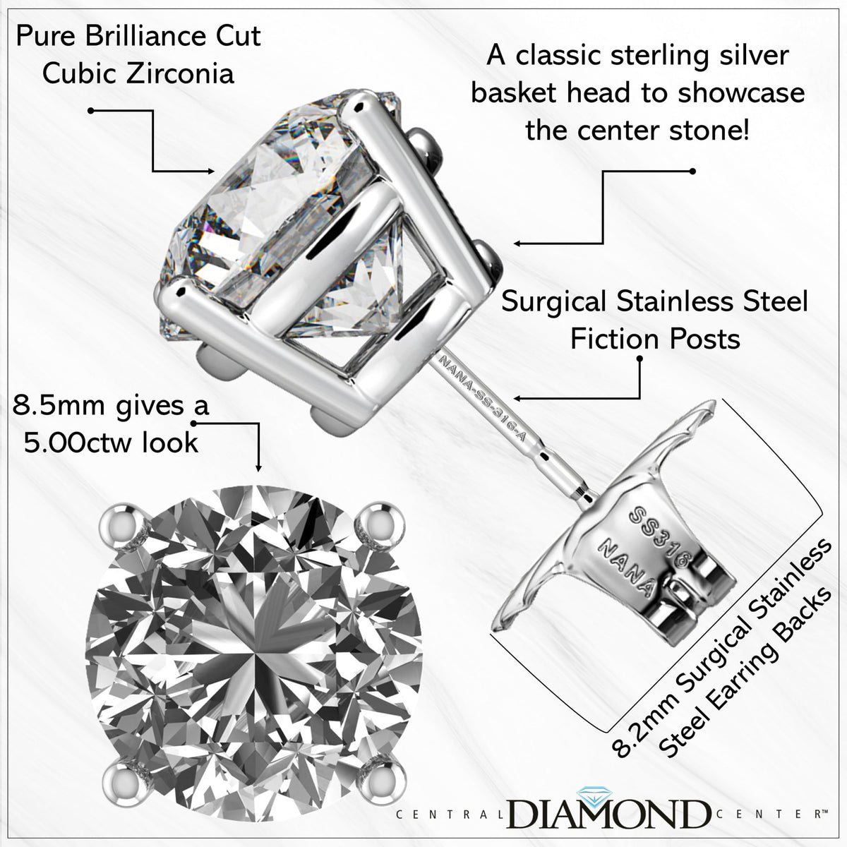 Central Diamond Center Round Simulated Diamond Stud Earrings Hypoallergenic Metal & Sterling Silver CZ - 8.50mm (5.00cttw) Rose