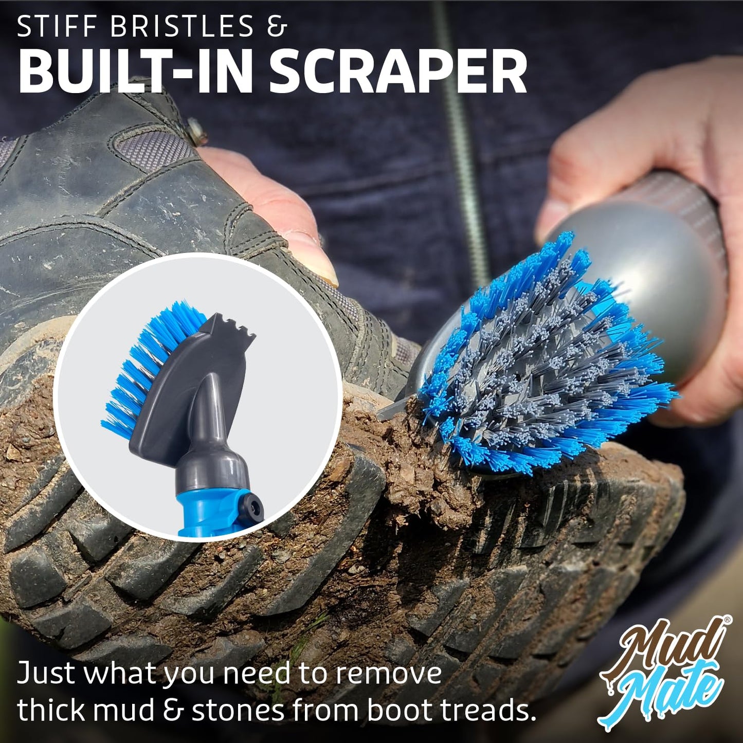Mud Mate Boot and Shoe Cleaner Brush & Scraper - for Muddy Boots & Shoes - with Hose Connector & Portable Bottle - Clean Football Boots, Wellies, Walking Boots, Pushchair & Bike Wheels & Much More