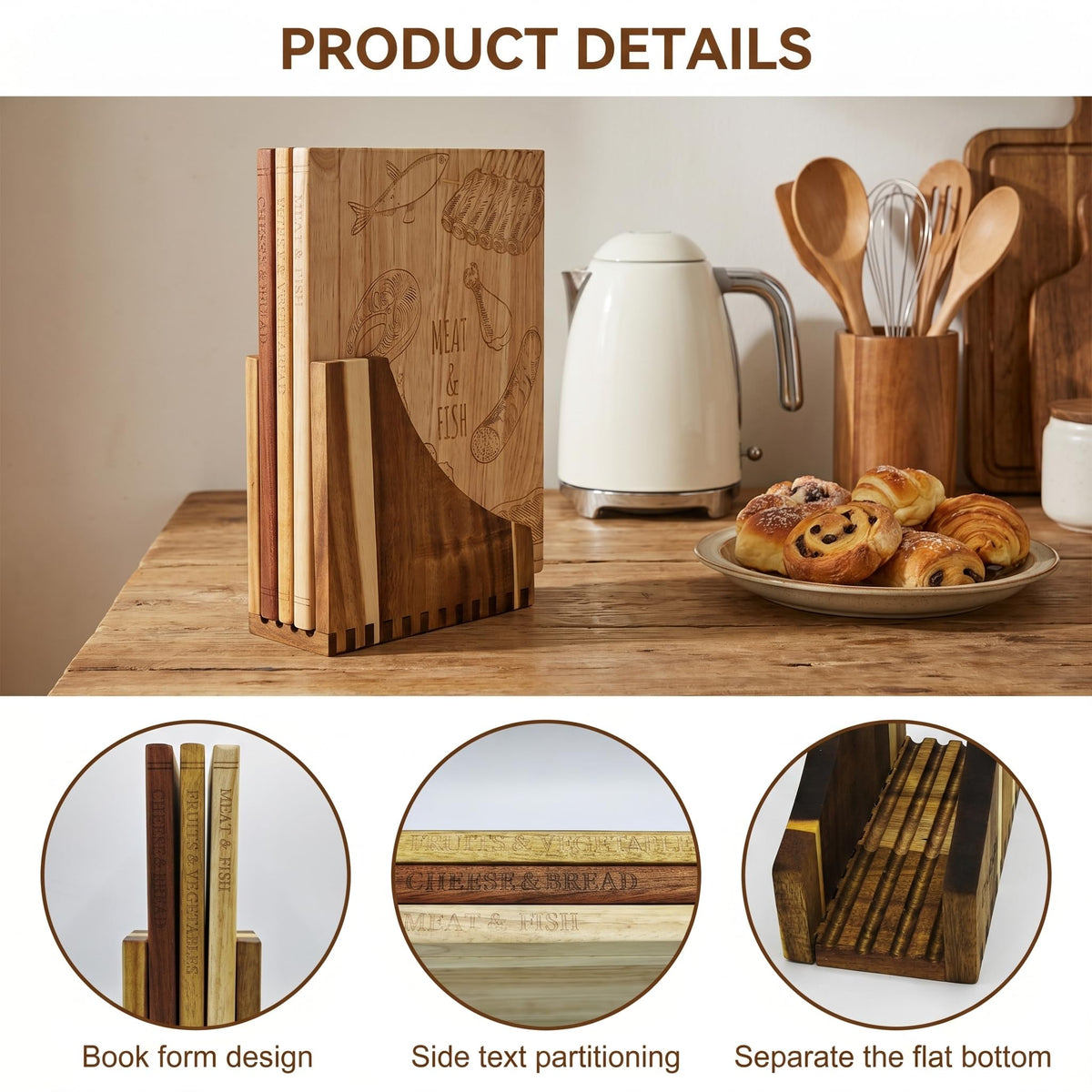 Wooden Book Cutting Board Set with Stand 3 Piece Wooden Cutting Boards Decorative Chopping Board Set for Kitchen Counter Fun Gift for Home Cooks