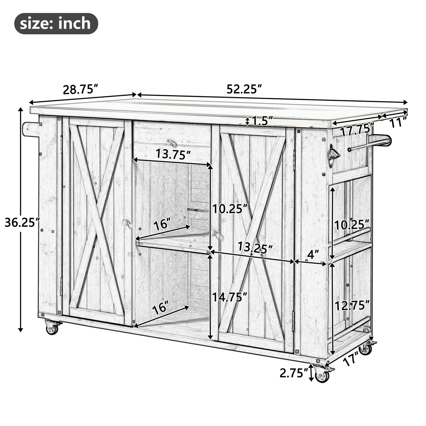 52.25" W Outdoor Grill Cart with Stainless Steel Tabletop, Patio Kitchen Island Storage Cabinet for BBQ, Bar