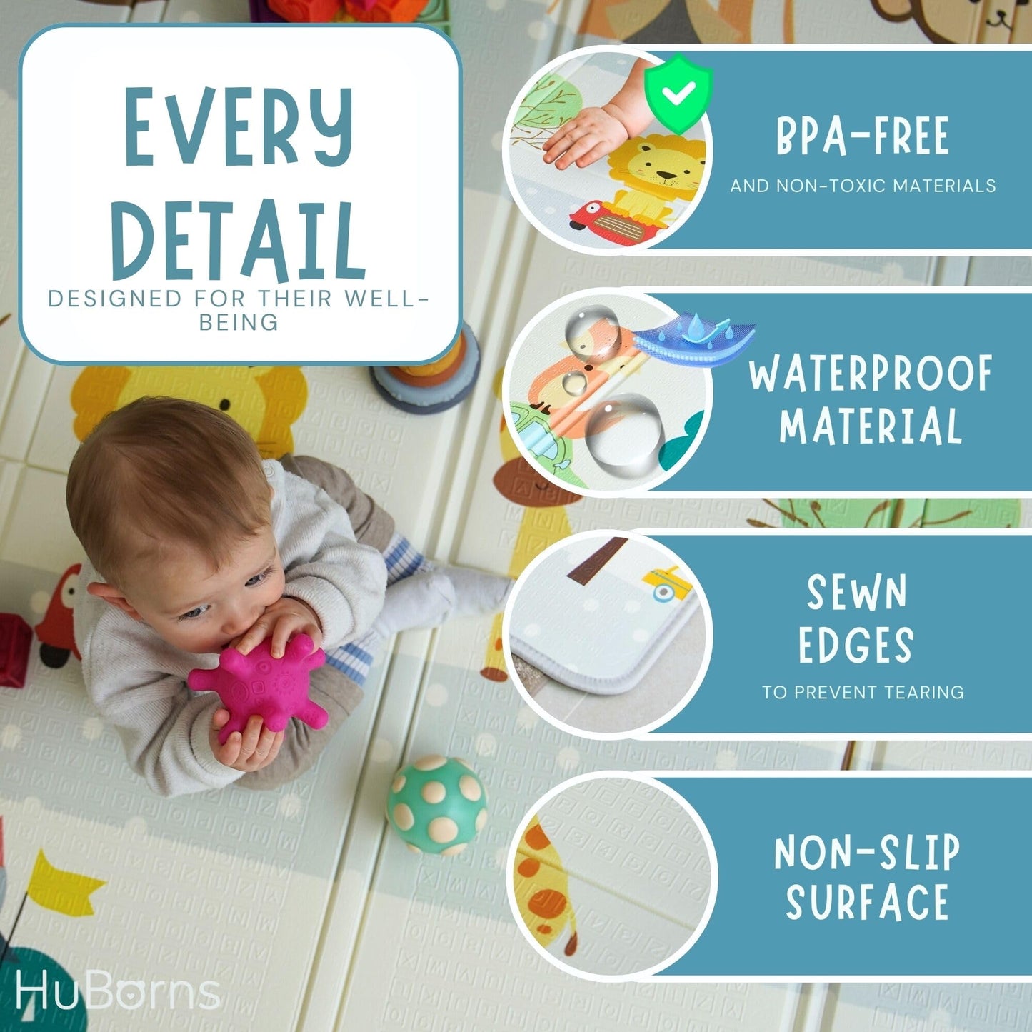 HuBorns - Foldable Baby Play Mat 200x180 cm - Reversible and Padded Baby Foam PlayMat with Stitched Edges - Waterproof Baby Mats for Floor Play - Anti-Fall Thick PlayMatt (Animals)