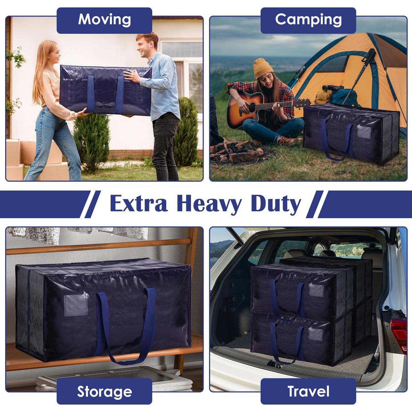 RMOHRO 6 Pack Moving Bags Heavy Duty 210GSM with Full-Open Side Zipper, 93L 220lbs Waterproof Foldable Storage Totes for College Dorm Move-In, Moving Boxes Alternative & Home Organization, Blue