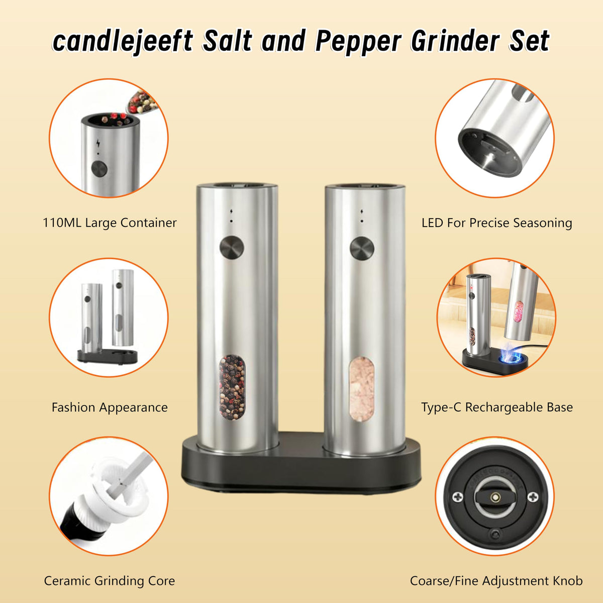 Candlejeeft Electric Salt and Pepper Grinder Set,Rechargeable,Adjustable Coarseness,LED Light with Dual Charging Base,110ml Upgraded Large Capacity,Top-Refill,Stainless Steel Automatic Pepper Shakers
