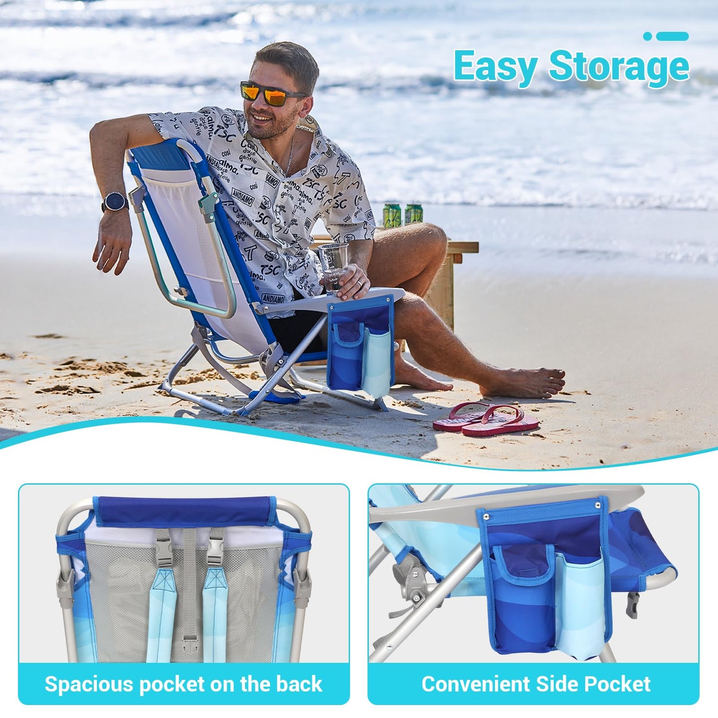 #WEJOY Lightweight Low 2 Pack Beach Chair for Adults, 4-Position Aluminum Folding Camping Chairs with Shoulder Strap, Cup Holder and Padded Headrest, Supports 265lbs for Lawn Outdoor Blue Pattern