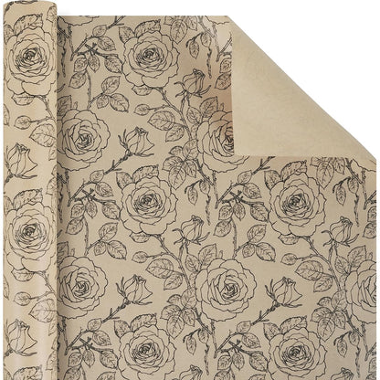 Kraft Floral Wrapping Paper Roll, Vintage Rose Wrapping Paper, Rose Print Design, Brown and Black Kraft Gift Wrap Paper for Birthday Mother's Day Bridal Shower Baby Shower Wedding, 17Inch×33Feet