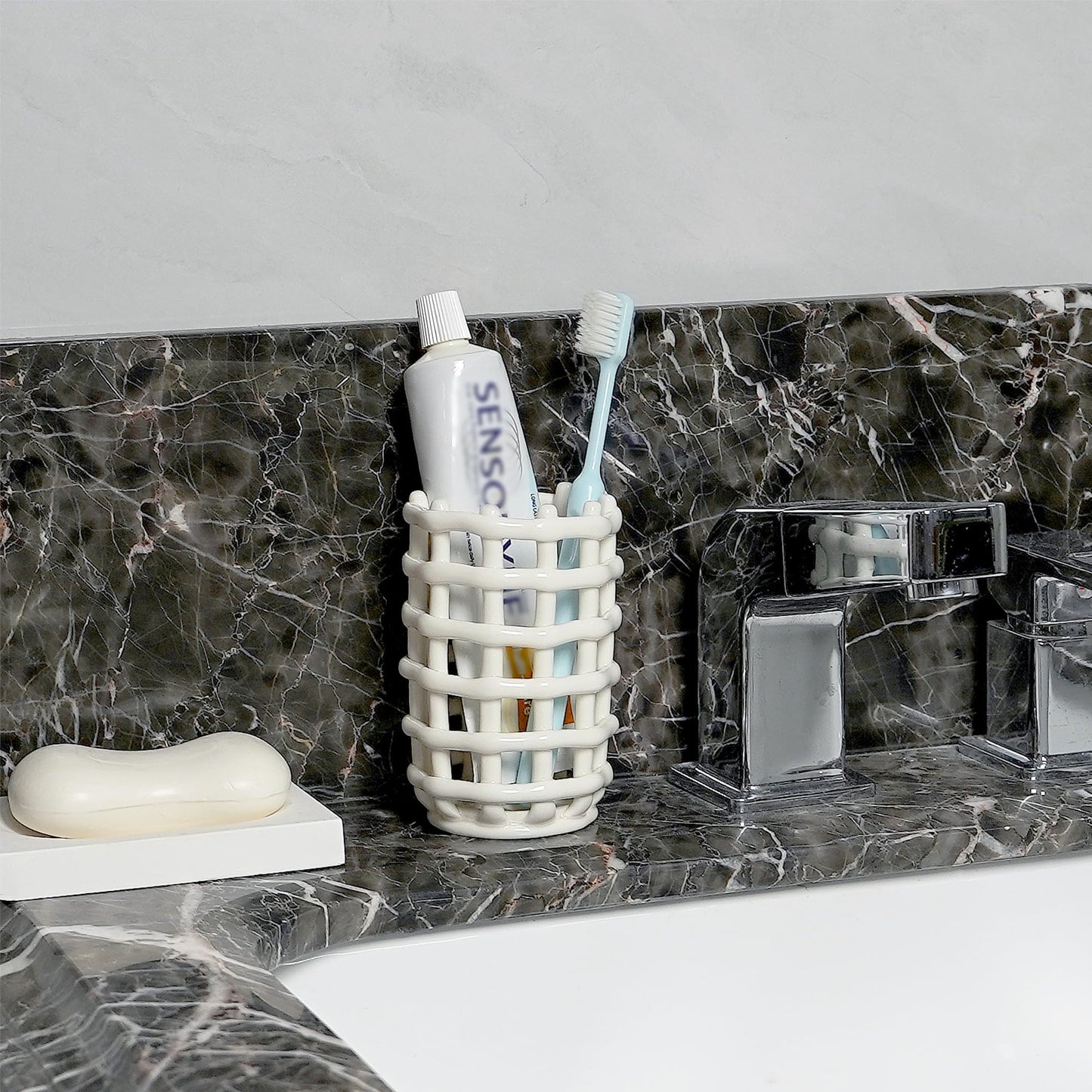 DODAMOUR Ceramic Toothbrush Holder, Boho Woven Grid Bathroom Cup, Breathable Openwork Makeup Brush Organizer, Modern Lattice Stand for Vanity Countertop, Toothpaste Storage - White