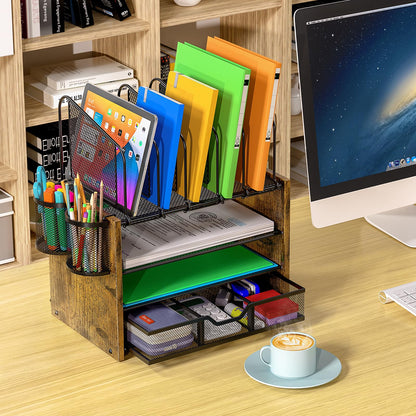 DAOUTIME 4-Tier Mesh Desk Organizer, Wooden Desk File Organizer with 5 Vertical File Holders and 2 Pen Holders, Desktop Organizers and Accessories with Drawer for Home Office